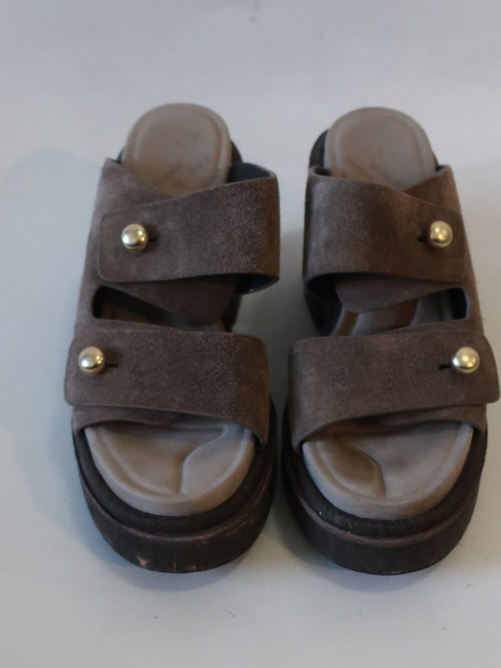 Womens Rag & Bone Taupe Suede Gold Button Platform Wedge Slide Sandals 39 US/9 - Picture 2 of 14